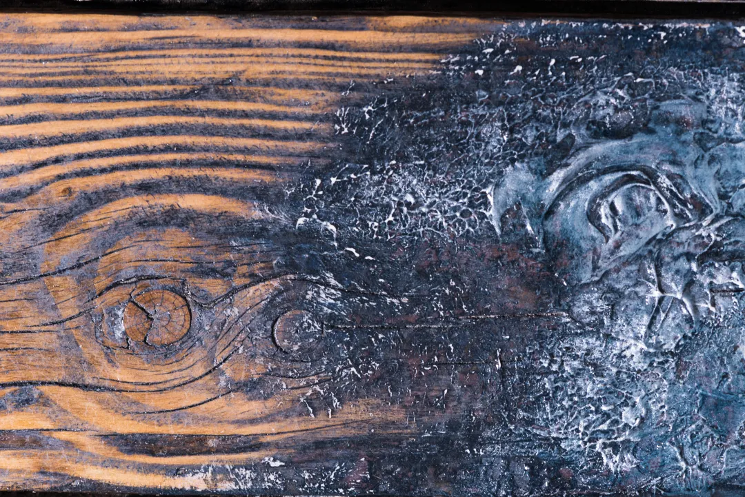 The illusionist_Sian Evans Inc_Snippet 2 Mixed media detail showing wood grain and textured surface contrast